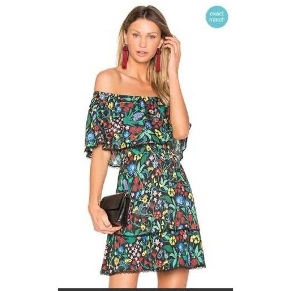 Alice + Olivia Tylie Dress Chelsea Wildflower Black Womens Small Mini Ruffle